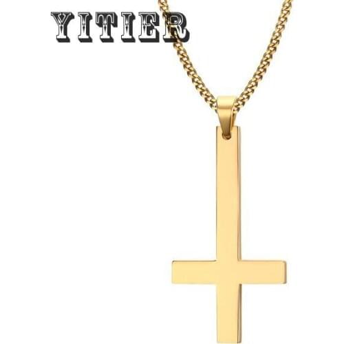1pcs Male Black Gold and Inverted Cross Pendant Necklace for Men Stainless Steel Choker Crux de Sanctus Petrus Jewelry