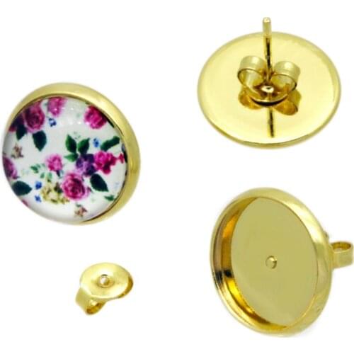 10pairs 8-14mm No Fade Stud Earring + Earplugs Bezel Setting Tray for Glass Cabochons GOLD-PLATED NOT-EASY-FADING