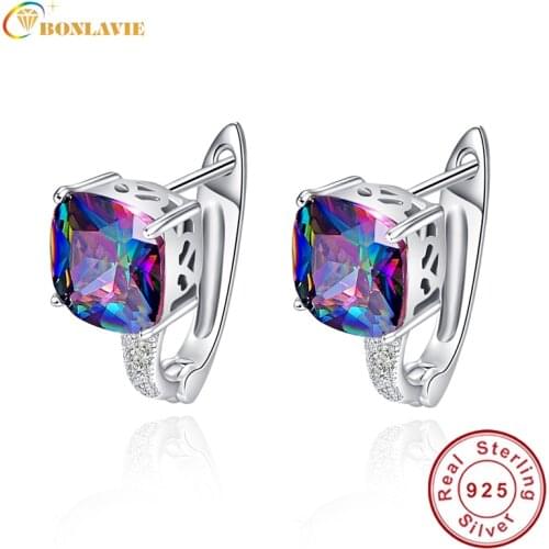 BONLAVI Square Natural Mystic 6.8ct Rainbow Topaz Stones Pierced Ear Cuff 925 Sterling Silver Brand Party Wedding Fine Jewelry
