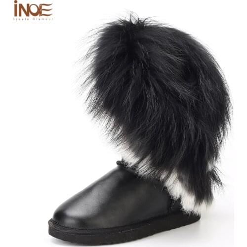 Fashion style real fox fur women winter snow boots syntheetic sheep fur lined winter shoes rabbit fur tassels waterproof black