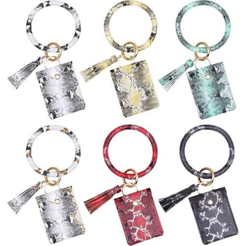 MANILAI Leopard Grain Leather Wristlet Card Package Bangle Fashion Snake Large Circle Keyring Bracelet For Women Bohemia Jewelry