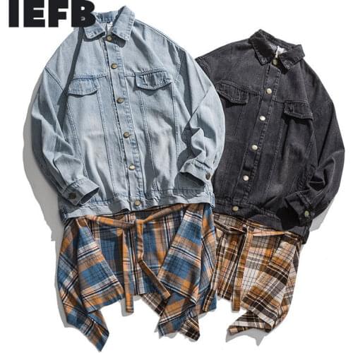 IEFB Mens Niche Design Spliced Plaid Skirt Hem Jeans Jakcet 2021 New Autumn Streetwear Trend Fake Two Pieces Denim Coat 9Y8309