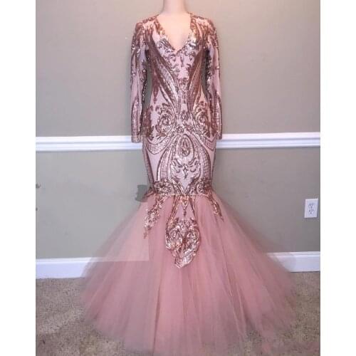 Elegant Pink Prom Dresses 2019 New Mermaid Long Sleeves V Neck Lace African Black Girl Prom Gowns Evening Formal Dresses DP0439