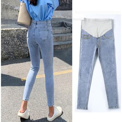 Cotton Leggings For Pregnant Women Elastic Middle Waist Blue Pants Pregnancy Sports Clothes Maternity Fitness Trousers Skinny