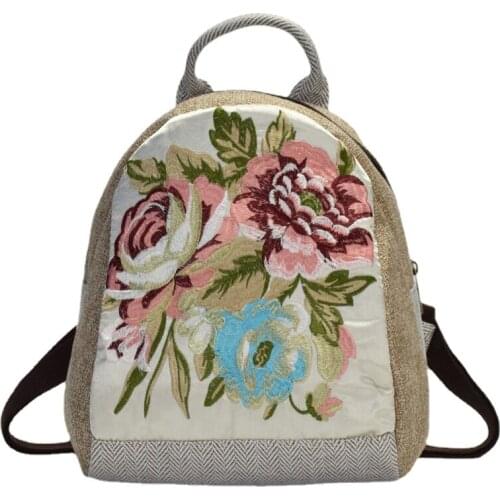 Chinese Style Women Canvas Bagpack Teenager Girls vintage Flower Embroidery mini bag Female Travel Backpack Mochila