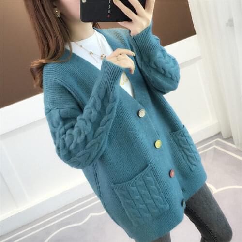 2021 Spring Autumn New Knit Cardigan Womens Loose Korean Twist All-match Lazy Wind Ladies Sweater Jacket with Pocket e256