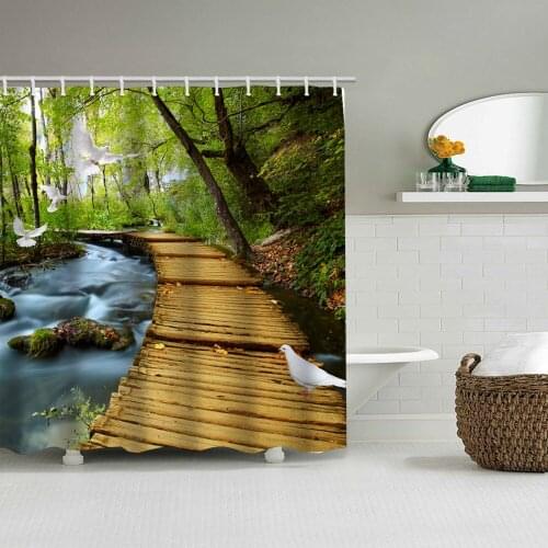 Beautiful wooden bridge and creek scenery printing shower curtain waterproof free perforated bathroom curtain curtain