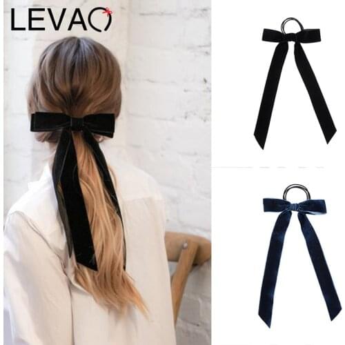 LEVAO Solid Color Bow Satin Long Ribbon Ponytail Rubber Band Hair Tie Scrunchies Women Girls Elastic Hair Bands Hair Accessories