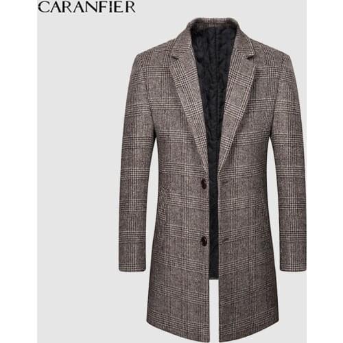 CARANFIER Mens Wool Blend Winter Plaid Coats Thick Cotton Male Jackets Long Men Solid Windproof Lapel Classic Outwear EU SIZE