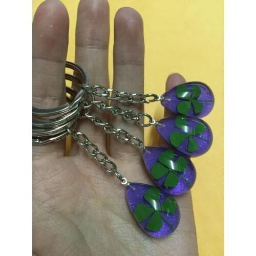 FREE SHIPPING wholesale 24 PCS natural real four leaf clover jewelry purple color drop keychain