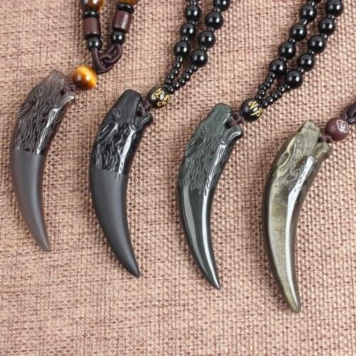 Natural Ice Black colorful Obsidian Wolf Tooth Pendant Wolf Head Male and Female Couple Crystal Necklace
