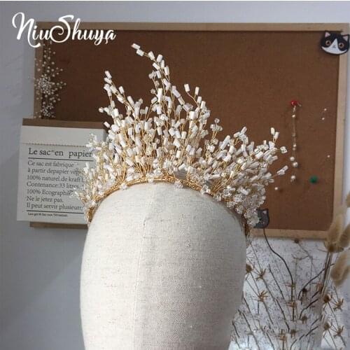 NiuShuya Pearls Hair Ornaments Bridal Wedding Hair Accessories Women Tiara Jewelry Handmade Crown Bride Tiaras Wedding Gift