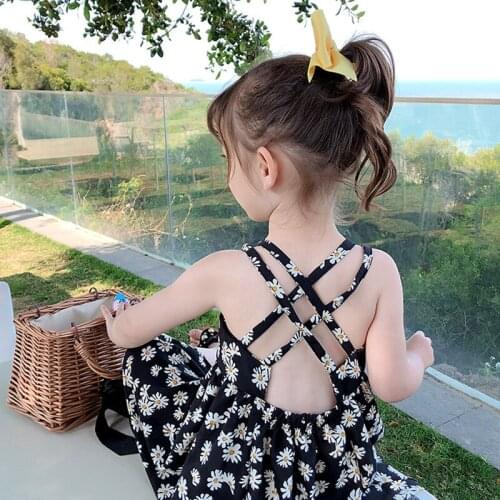 2-7T Floral Mini Dress For Girls Toddler Kid Baby Clothes Summer Off Shoulder Backless Sundress Elegant Flower Print Mini Dress