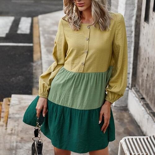 Dress women Fashion Women Autumn Long Sleeve Color Block Large Hem Buttons Mini Loose Dress female mini dress 2021 Vestidos