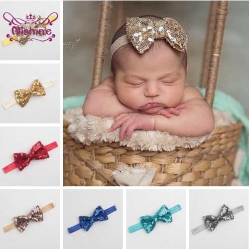 16 Colors Bowknot Elastic Hairband Baby Girls Glitter Sequins Bow Headband Shining Children Headwear Infant Photography Props