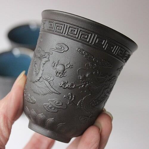 Embossed Dragon and Phoenix Tea Cup Handmade Kung Fu Pu'er Tea Cup Drinkware Creative Temmoku Glaze Master Cup Retro Teaware