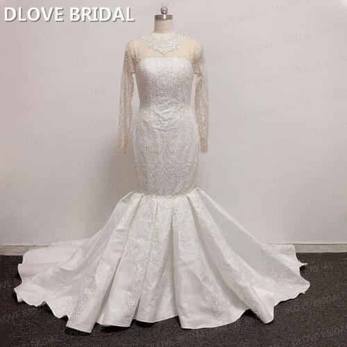 Luxury High Neck Mermaid Wedding Dress Illusion Lace Bridal Gown Vestido de Noiva Custom Made