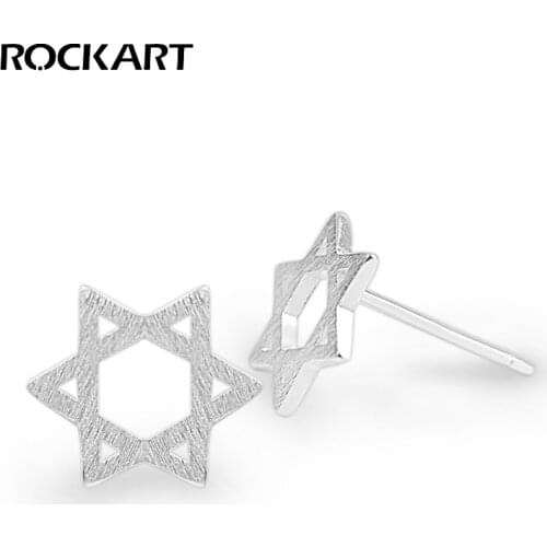 ROCKART Genuine 925 Sterling Silver David Star Earrings Classic OL Style Handmade Star Stud Earrings Daily Accessories Unisex