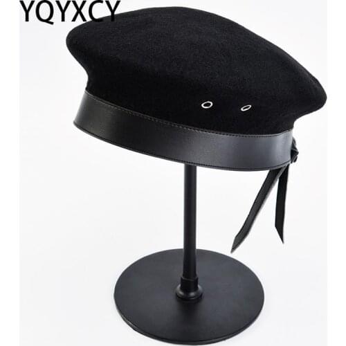 Wool Beret Womens Winter Hat Pu Leather Brim Woolen Beret Cap Painter Hat Female Boina Feminina England Gorras Black Retro