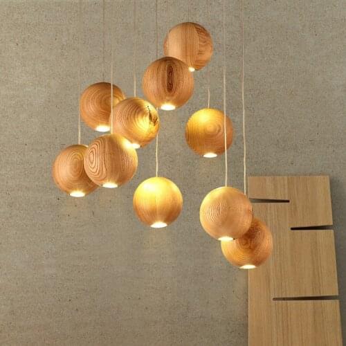 Modern Solid Wood Pendant Lamp Chinese Nordic Wooden Ball Light Fixtures Creative Minimalist Hanging Lamps For Bar Restaurant