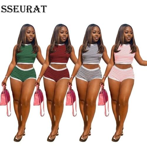 SSEURAT Women Set Striped Sleeveless O-neck Crop Tops Mini Shorts Two 2 Piece Sets Tracksuit Fashion Outfits Summer 2021