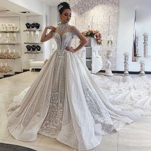 Luxury Sequined Chapel Wedding Dresses Sheer Neck Beading Tassel Abric Dubai Wedding Gown Court Train Bridal Dress 2019