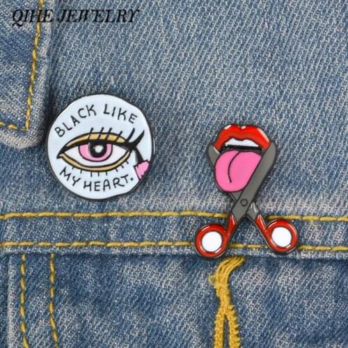 QIHE JEWELRY Black Like My Heart Pins Eye and Mouth Brooches Eyeline Red Lips Scissors Jewelry Punk Pins Badges