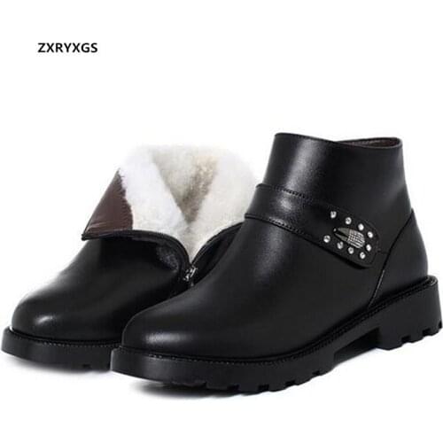 2021 New Fashion Warm Winter Boots Women Snow Boots Non-slip Thick Heels Rhinestone Genuine Leather Ankle Boots Women Big Size
