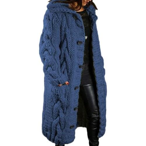 Plus Size Women Sweater Winter Long Sleeve Twist Knitted Cardigan Pocket Buttons Warm Hooded Coat Oversize Sweater Cardigan