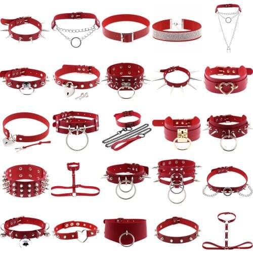 Goth Red PU Leather Necklaces for Women Cosplay Silver Color Stainless Steel Chains Rivet Collar Choker Grunge Punk Jewelry