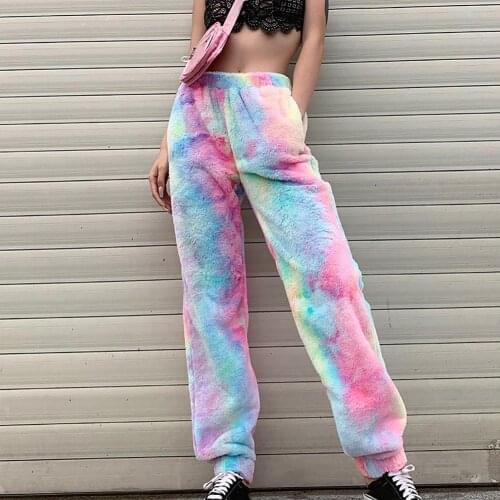 Winter Women Pants Warm Fashion Tie Dye Elastic High Waist Ankle Tied Pocket Pants 2021
