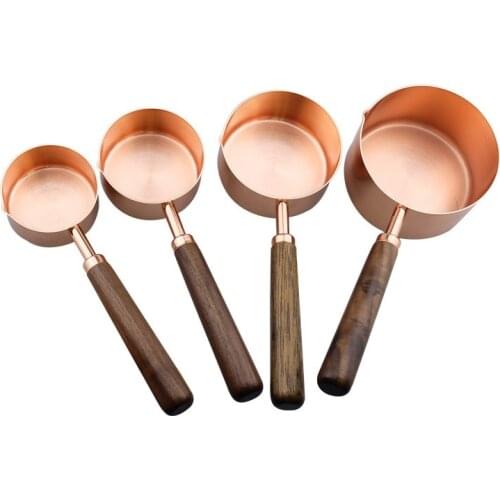 10sets 4pcs/set Stainless Steel Wood Handle Rose Gold Measuring Spoons for Liquid and Dry Ingredients WB212