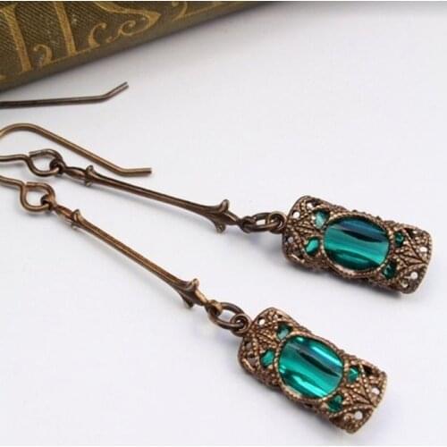 2021 Wholesale New Style Earrings Long Earrings Inlaid with Gemstones Vintage Bronze Earrings