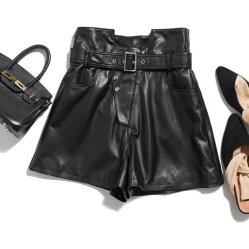 2021 Winter Female Wild Leg Imported Genuine Leather Shorts Women High Waist Motorcycle Buttons Pockets Short Pants With Belt