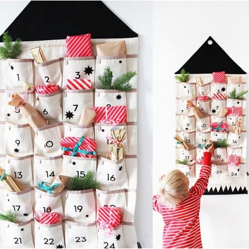 24 Pockets Fabric Christmas Calendar To Hanging Xmas Ornaments Party Advent Drawstring Bags Embellishments Banner Pendant