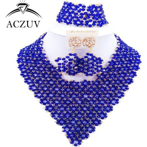 ACZUV Brand Royal Blue Nigerian Beads Jewelry Set African Wedding Jewellery Sets AJ013