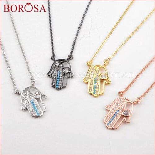 BOROSA 10pcs Hamsa Hand Pendant Necklace,Mixed CZ Micro Pave Hand Connector Necklace for Women Handmade Jewelry WX498