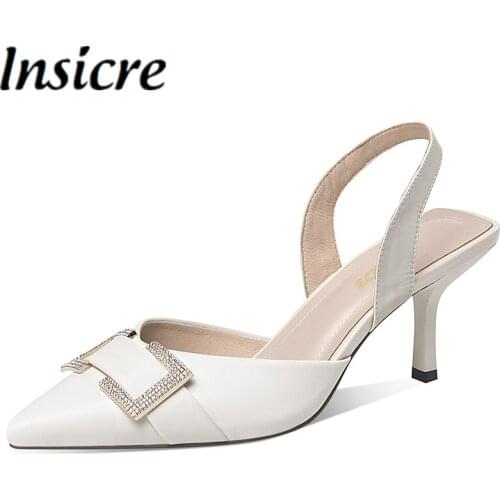 Insicre Big Size 34-45 Blue Women Sandals Cow Genuine Leather Pointed Toe Rhinestone Crystal High Heels Slip On Wedding Shoes