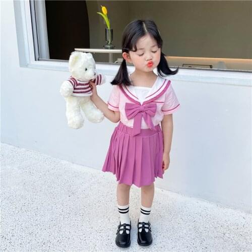 Kids Clothes Girls Summer College Style Clothes Sets Cute Bow Navy Lapel T-shirt Tutu Skirt 2 Piece Uniform 3-8 Years Costume