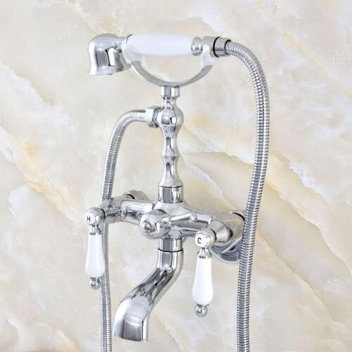 3-3/8" Wall Mounted Chrome Dual Cross Handles Bathtub Shower Faucet Wall Mount Bathroom Tub Faucet with Handheld Sprayer Nqg419