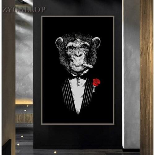 Smoking Monkey Print Canvas Paintings Animal Wall Art Posters And Prints Funny Monkey Wear Suit Wall Pictures Room Decor Cuadros