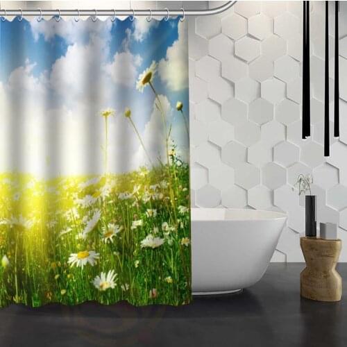 Custom Daisies Beautiful Sunny Spring Shower Curtain With Hooks High Defintion Printing Fabric Shower Curtain for Bathroom