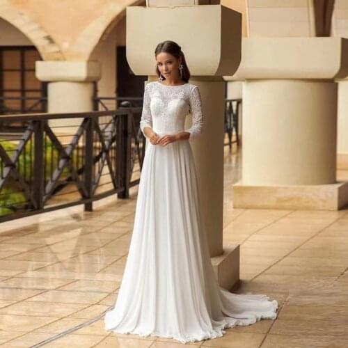 Lace Chiffon Modest Wedding Dresses 3/4 Sleeves Bride Dress Short Sleeves Scoop Neck Chiffon Beach Bridal Gown Robe De Mariee