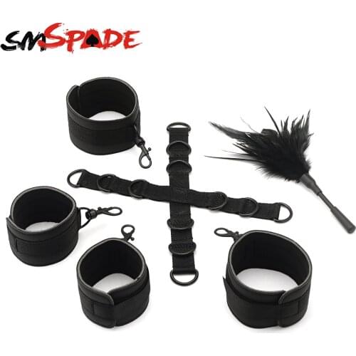 SMSPADE 4pcs Bondage Kit Leather Wrist & Ankle Cuffs Set with Feather Tickler Whip Sex Toys for Couples Adult Games
