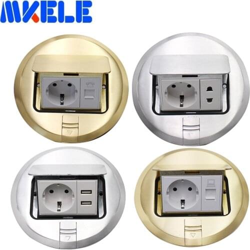 EU Floor Socket Pop Up USB Charging Port Phone RJ45 Computer Outlet Aluminum Alloy Silver Waterproof Panel Copper Gold 16A