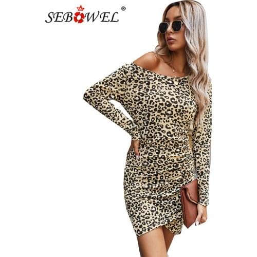 SEBOWEL Autumn Women Bodycon Dress Leopard Print Slim Long Sleeve Lady Sexy Mini Dresses Animal Pattern Curve Dress S-XL