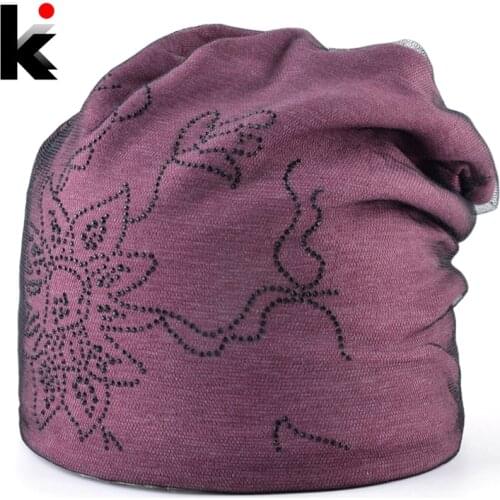 Womens Warm Winter Hat Ladies Elegant Beanies With Mesh Fashion Rhinestone Flower Caps Women Streetwear Skullies Bonnet Touca