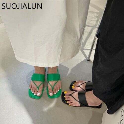 SUOJIALUN 2021 New Brand Women Slipper Flat Heel Casual Outdoor Beach Sandal Shoes Ladies Narrow Band Slides Slip On Flip Flops