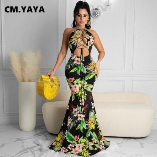 CM.YAYA Women Dress Print Sleeveless Halter Bandage Hollow Out Elastic Trumpet Long Dresses Sexy Night Party Dress Summer Outfit