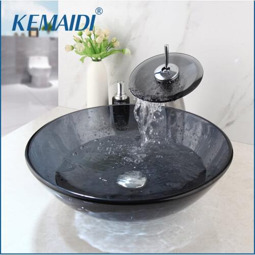 KEMAIDI Tempered Glass Vessel Faucet Bowl Waterfall Spout Round Sink Bathroom Basin Hot & Cold Water Mixer Tap Counter Top